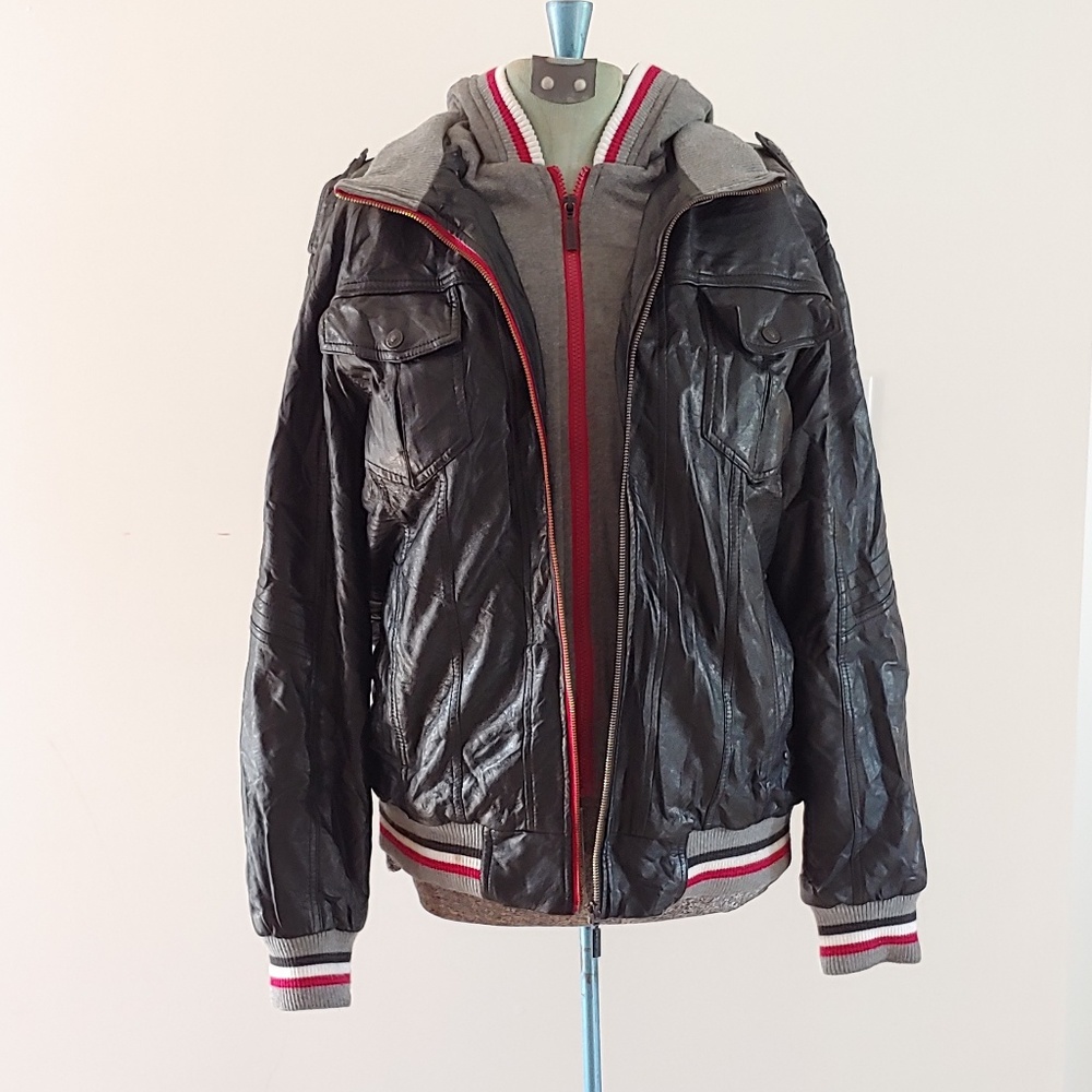 Levi's black grey faux leather hoodie jacket sz L
